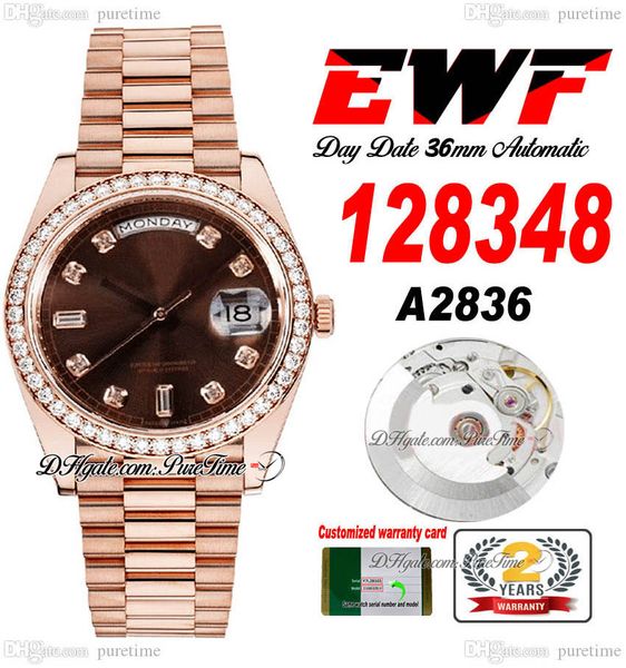 

ewf day date 128348 a2836 automatic watch mens ladies rg diamonds bezel brown diamond dial presidential bracelet same serial card super edit, Slivery;brown