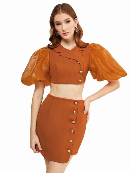 

two piece dress x nahal shad contrast mesh puff sleeve crop & skirt z3wr#, White