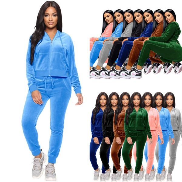 

women velvet tracksuits casual two piece set hoodies velour coat and leggings jogging suit, Gray