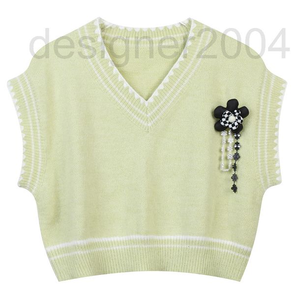 

women's sweaters designer small fragrance knitted vest women's early autumn new color contrast stripe three-dimensional flower spl, White;black
