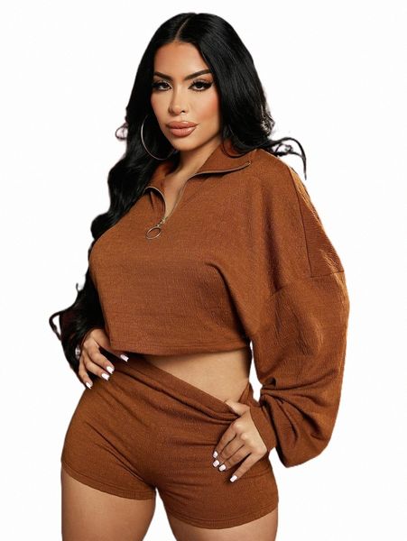 

two piece dress sxy half zip drop shoulder crop sweatshirt & shorts w9kg#, White
