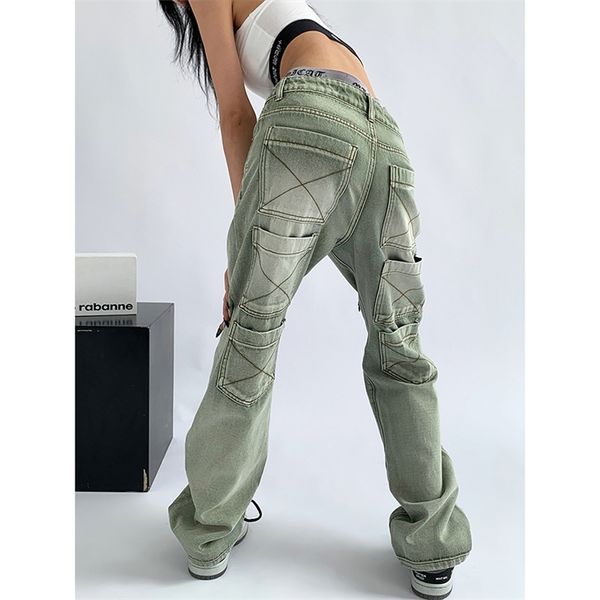 

women's jeans green vintage washed multiple pockets wide leg pants casual street high waist baggy denim trouser ladies summer 220830, Blue