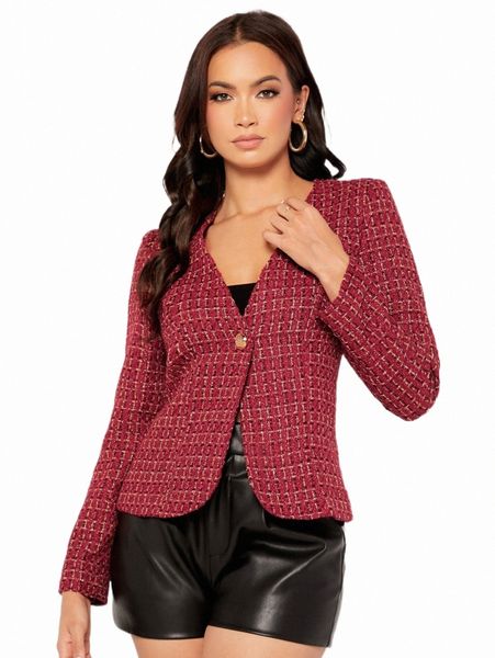 

women's down & parkas plaid pattern single button tweed overcoat 39xc#, Black