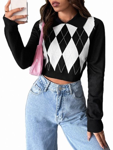 

women's sweaters argyle pattern collared crop sweater q4st#, White;black