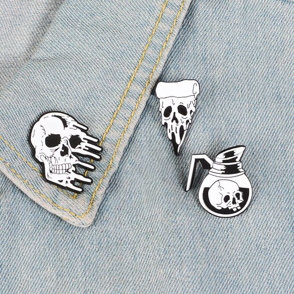 

personality teapot skull pizza skeleton brooches 3pcs set enamel badges ghost alloy pin, Gray