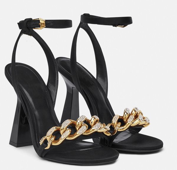 

metal chunky chain sandals stiletto high heels back zipper ankle strap solid color cover heel women shoes modern, Black