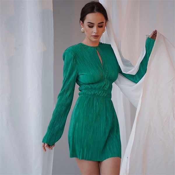 

casual dresses miyak pleated high waist slim mini dress women long sleeve round neck solid fashion female black green chic party 220830, Black;gray