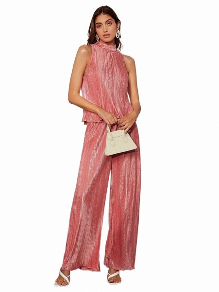 

two piece dress pleated keyhole back & wide leg pants 80so#, White