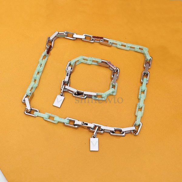 

europe america fashion style chain necklace bracelet men silver-colour finish metal engraved v initials flower recycled plexiglass jewelry s