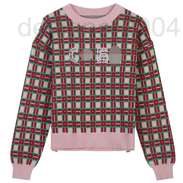 

women's sweaters designer 2021 autumn and winter new contrast check jacquard nail bead stitching sweet slim round neck pullover women r, White;black