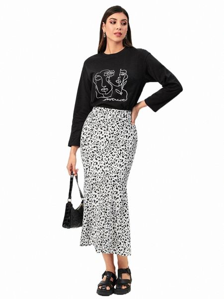 

two piece dress modely figure graphic & allover print skirt set t7vt#, White