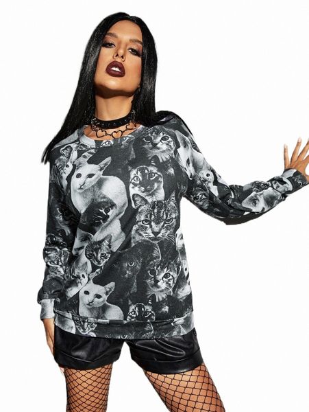 

women's hoodies & sweatshirts cat print raglan sleeve sweatshirt d3fr#, Black