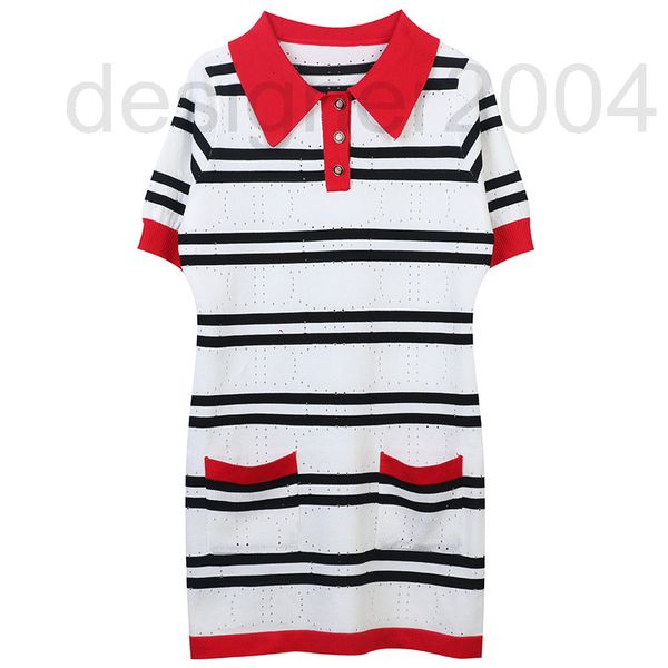 

casual dresses designer french 2022 summer new color contrast stripe hollow out design temperament celebrity high waist slim a-shaped knitte, Black;gray