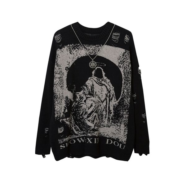 

men's sweaters send necklace ripped oversize frayed knitted long sleeve harajuku streetwear pullovers gothic men y2k women sweater 2208, White;black