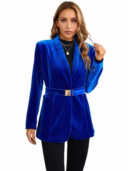 

women's two piece pants solid dual pocket belted velvet blazer u1xu#, White