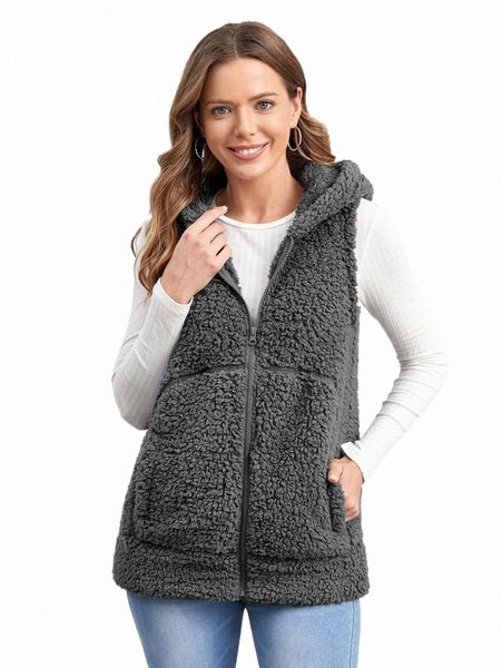 

women's jackets emery rose zipper hooded vest teddy jacket y445#, Black;brown