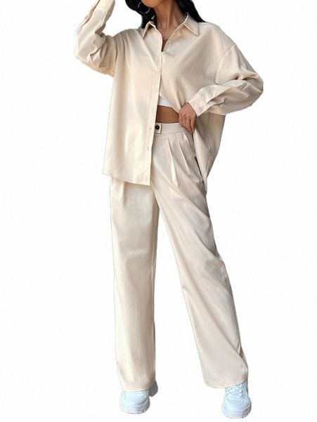

two piece dress drop shoulder shirt & straight leg pants o253#, White