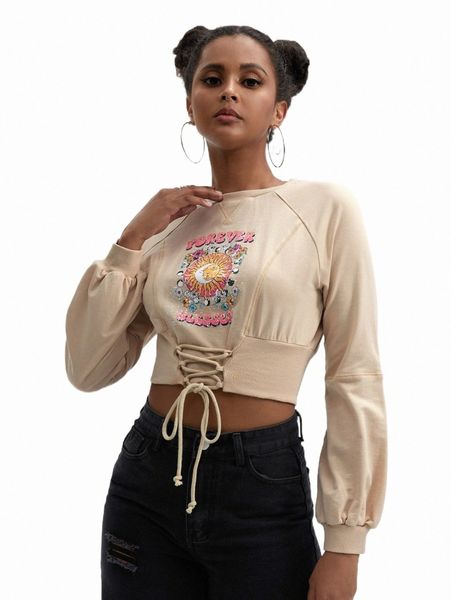 

women's hoodies & sweatshirts x talia nichelle sun & letter graphic lace up sweatshirt j998#, Black