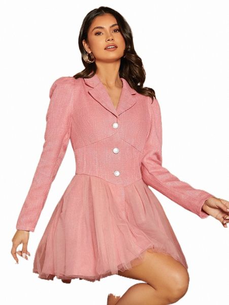 

casual dresses lapel collar puff sleeve mesh hem dress g4ao#, Black;gray