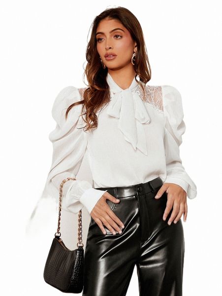 

women's blouses & shirts tie neck lace insert g4zj#, White