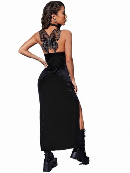 

casual dresses contrast mesh butterfly split thigh velvet dress n2zf#, Black;gray