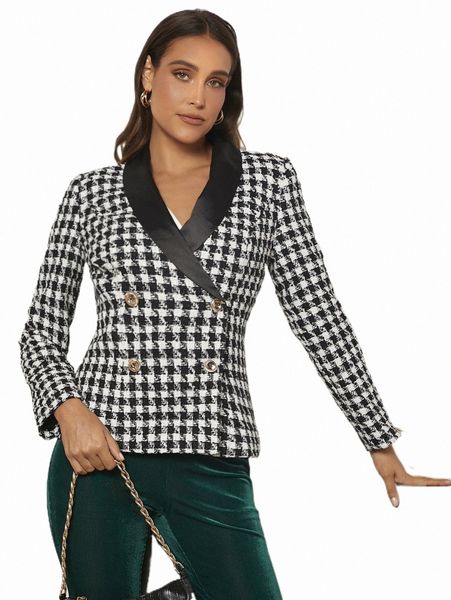 

women's down & parkas houndstooth pattern double breasted shawl collar tweed overcoat o2b6#, Black