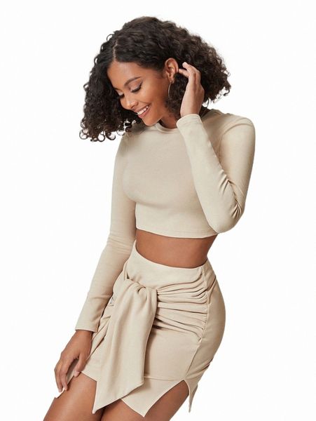 

two piece dress x kesha alein solid crop & knot front skirt set v61l#, White