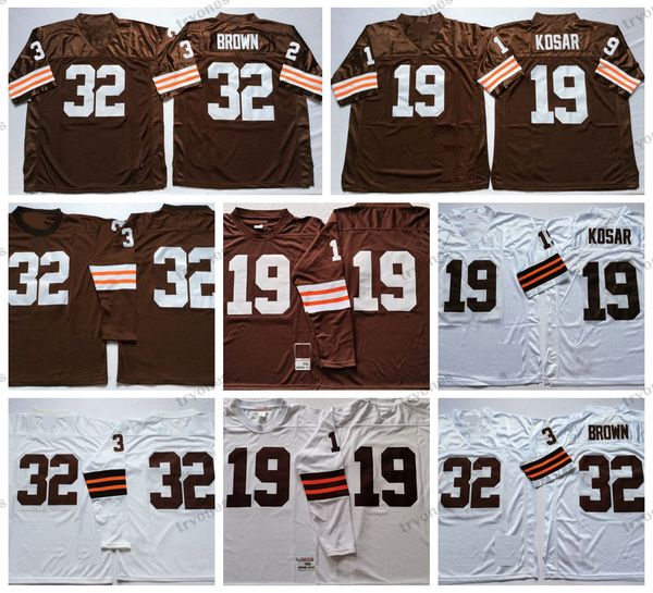

vintage 32 jim brown 19 bernie kosar football jerseys mens 1964 stitched jersey long sleeve shirts, Black;red