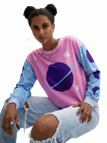 

women's hoodies & sweatshirts x kaylaproductions colorblock graphic print oversized sweatshirt v7ah#, Black
