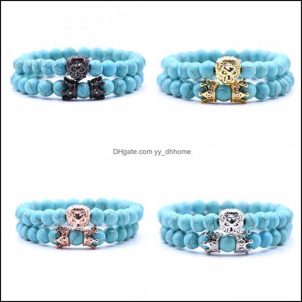 

beaded strands 2 pcs/set animal king lion head bracelet black natural stone crown couple braclet sets for men hand jewe dhseller2010 dh508