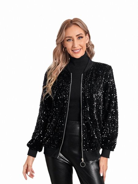 

women's jackets emery rose contrast sequin zipper bomber jacket b9hz#, Black;brown