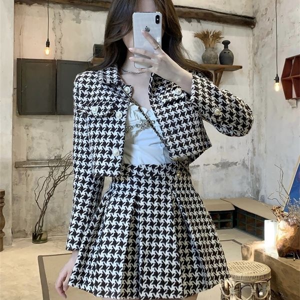 

two piece dress temperament matching sets retro o tweed plaid jacket short long sleeve cardigan slim mini houndstooth pleated skirt chic 220, White