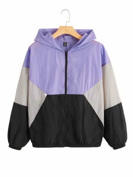 

women's jackets color block drop shoulder zipper hooded jacket w0qv#, Black;brown