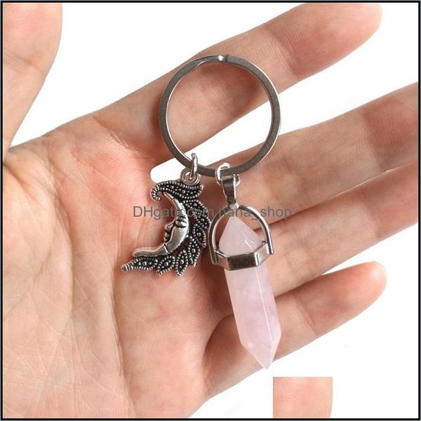 

keychains alloy crescent moon charms keychain natural stone hexagonal column couple keyrings women rose quartz key chains tr nanashop dh52u, Silver