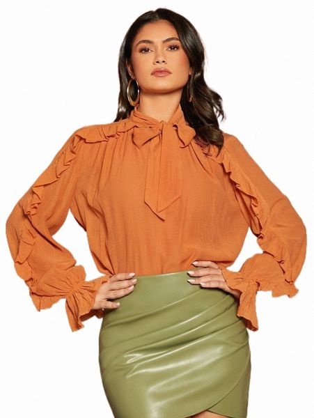 

women's blouses & shirts tie neck ruffle trim solid k29c#, White