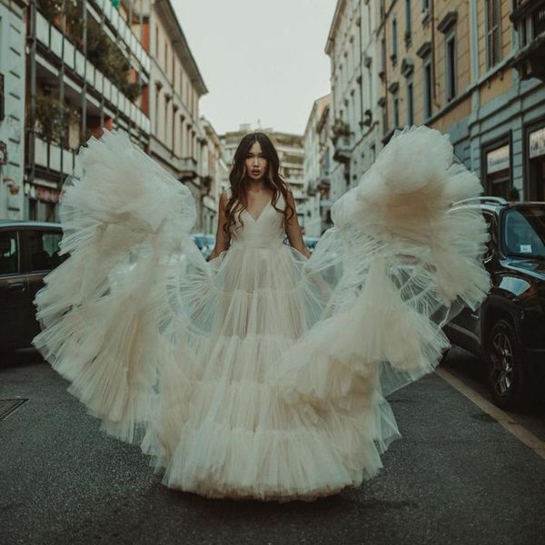 

graceful backless wedding dresses ruffled bohemian bridal gowns v neck a line sweep train tulle vestidos de novia, White