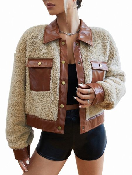 

women's jackets contrast flap pocket drop shoulder flannel jacket b35h#, Black;brown