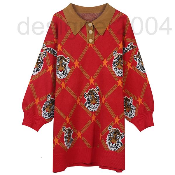 

women's sweaters designer autumn and winter 2021 new tiger animal rhombic jacquard minority design slim fitting lapel medium long pullo, White;black