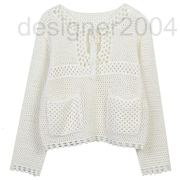 

women's sweaters designer 2022 autumn new women's fashion knitted pullover cream white hand hook hollow loose round neck long slee, White;black