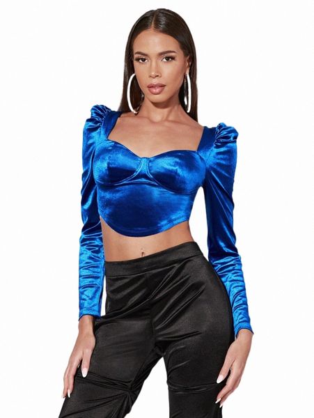 

women's blouses & shirts bae sweetheart neck puff sleeve velvet o5l6#, White