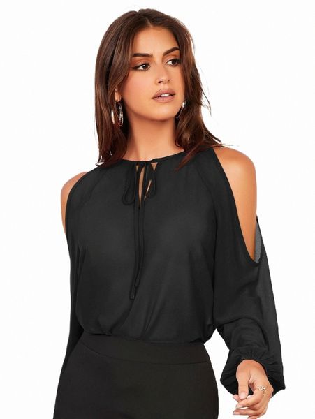 

women's blouses & shirts tie neck cold shoulder lantern sleeve blouse j76i#, White
