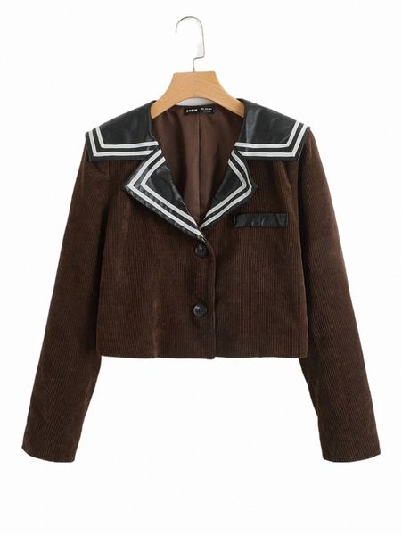 

women's jackets lapel neck striped trim jacket n58i#, Black;brown