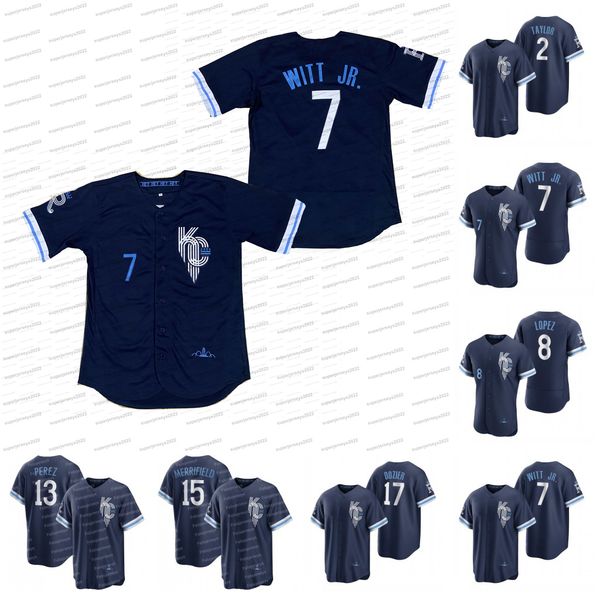 

7 bobby witt jr. 2022 city connect jersey royals hunter dozier nicky lopez salvador perez mj melendez michael a. taylor ryan o'hearn ky, Blue;black