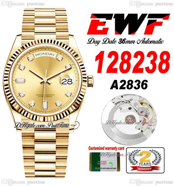 

ewf day date 118238 a2836 automatic watch mens ladies 36 yellow gold champagne diamond dial presidential bracelet same serial card super edi, Slivery;brown
