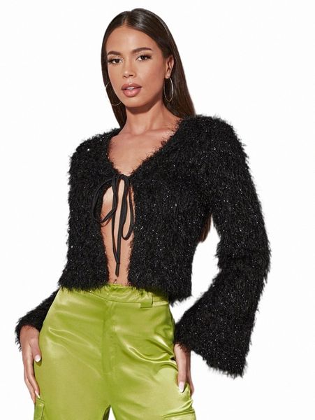 

women's jackets bae tie front flounce sleeve fuzzy jacket r4em#, Black;brown