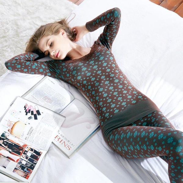 

womens thermal underwear vneck long johns winter cotton second female skin warm suit korean printed lace for 220830, Black;pink