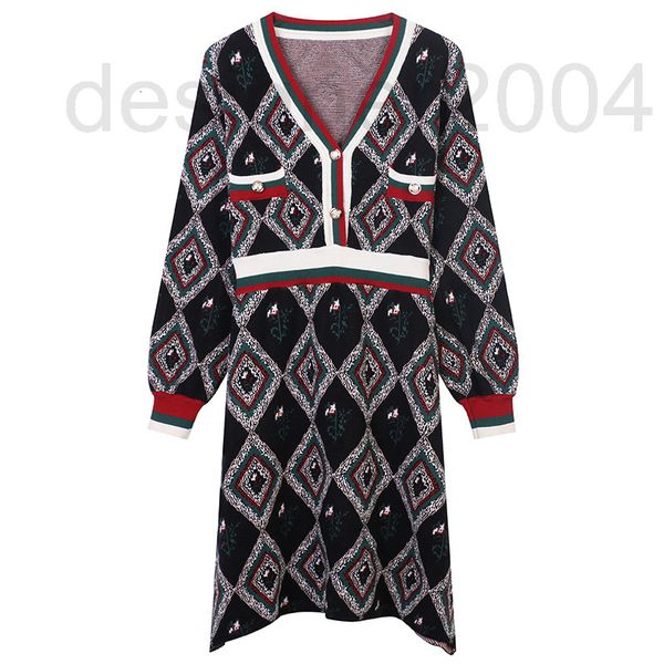 

casual dresses designer new women's long sleeve v-neck jacquard contrast color slim knit dress in autumn and winter 2020 jzsc, Black;gray