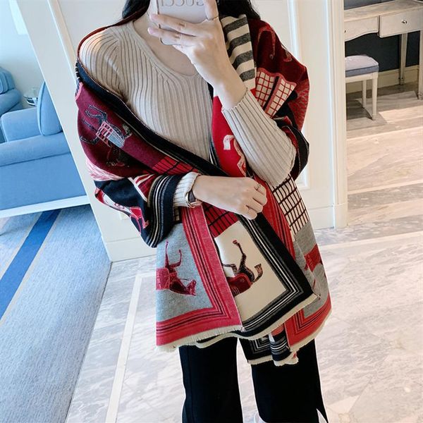 

striped cashmere women scarf winter warm lady shawls wraps luxury 2020 brand print horse blanket scarves female echarpe296h, Blue;gray