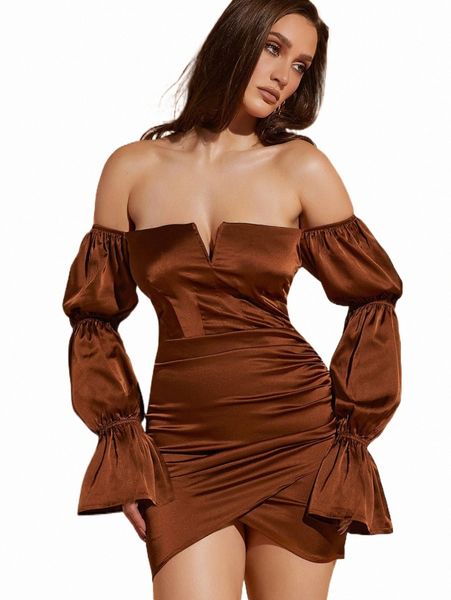 

casual dresses bae off shoulder flounce sleeve satin dress r4xg#, Black;gray