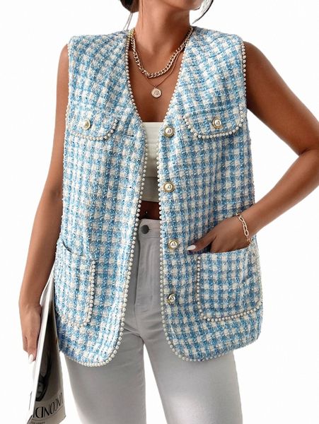 

women's down & parkas plaid pearls beaded dual pocket vest overcoat v6x1#, Black